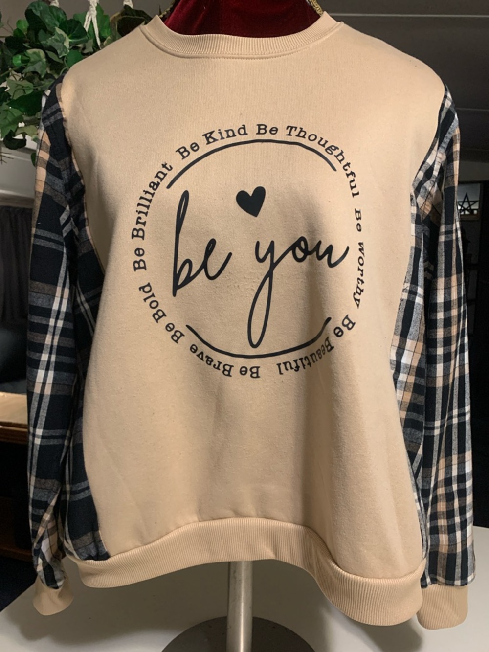 Upcycled Graphic Swestshirt Combined with a Men’s Plaid  Shirt